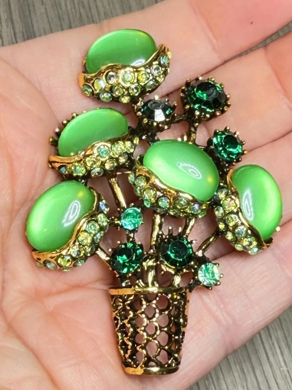Plant Brooch Green Rhinestone Modern Potted Venus Flytrap Pin Statement 3
